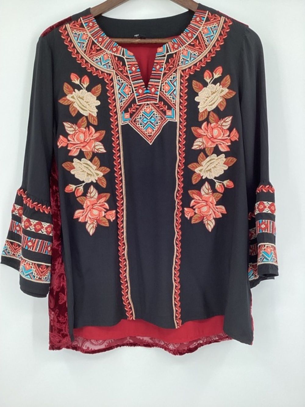 John Mark Black Velvet Tunic with Red and Cream Floral Embroidery